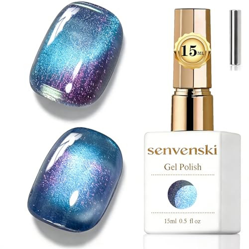 Senvenski Jelly Glass Cat Eye Gel Nail Polish with Magnet 15ML Magnetic 3D Galaxy Holographic Glitter Translucent Sheer Color Gel Polish Salon Home DIY (Aurora Blue MY1-037)