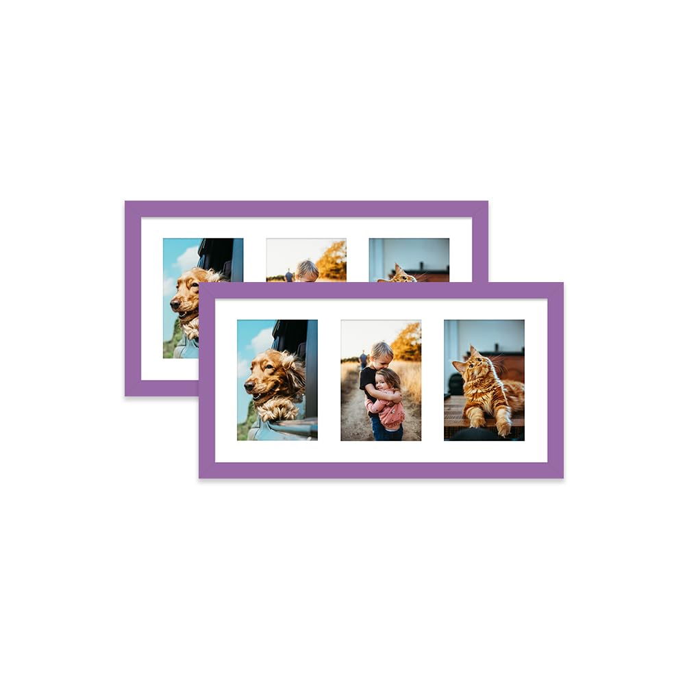 Purple Multi Photo Frame - Holds 3 x 6x4 Pictures, Family Collage Picture Frame for Wall Display, 8x16 Panoramic Frame Size, Set of 2