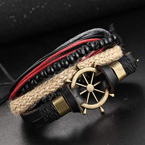 Image of ZIVOM Leather Handcrafted Wood Tibetan Vintage Thread Stackable Multi-strand Wrist Band Bracelet Combo Pack Of 2 Boys Men's