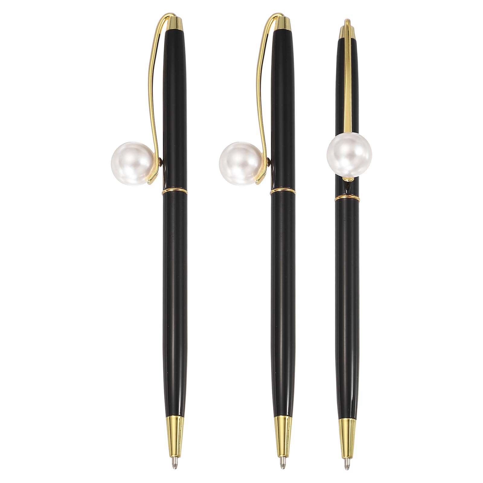 PATIKIL Pearl Decorative Metal Ballpoint Pen, 3Pcs Pearl Ballpoint Ball Pen 1.0mm for Wedding Note Taking Journaling Gift Office, Black