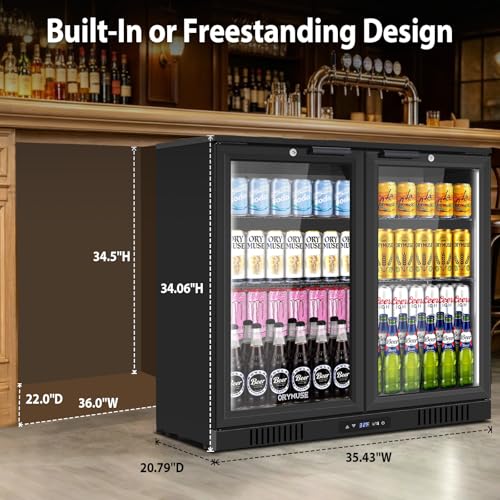 Image of ORYMUSE 36 Inch Commercial Back Bar Cooler with 2 Glass Doors, 7.2 Cu.Ft Under Counter Beverage Refrigerator with Safety Lock and LED Light for Bar, Restaurant and Home, Black