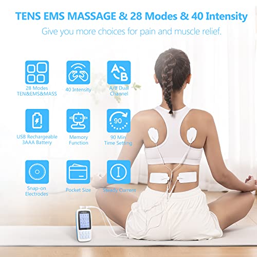 Brilnurse Dual Channel Tens Ems Massage Unit 28 Modes 40 Level Intensity Muscle Stimulator For Pain Relief, Rechargeable Mini Tens Machine Pulse Massager With 12 Pads/Storage Pouch/Pads Holder #TOP3