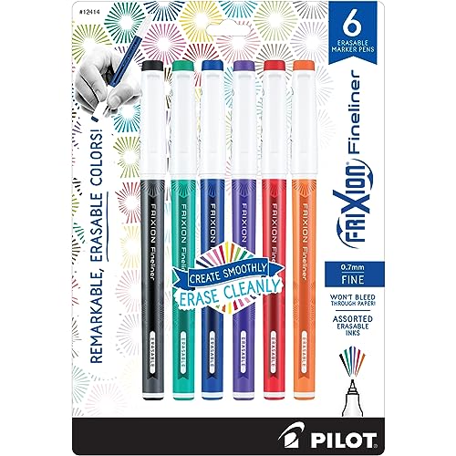 Image of Pilot FriXion Fineliner Erasable Marker Pens, Fine Point 0.7 mm, Pack of 6, Assorted Colors, Erasable Pens - Ideal for School, Journaling, & Office Writing