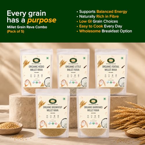Image of MILLET AMMA Millet Grain Rava Combo, Certified Organic Millet Pack of 5-2.5Kg, Positive Millets Due to its Balanced Nutritional Profile - Kodo, Foxtail, Browntop, Little, Barnyard