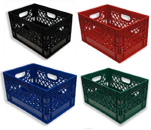 24qt 4 Pack HDPE Plastic Black, Blue, Red, & Green Milk Crates