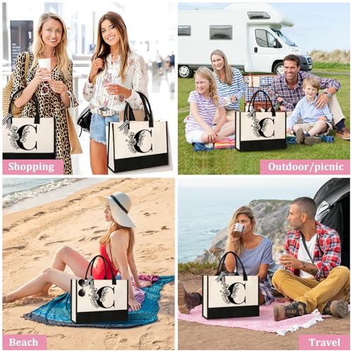 Image of Tecanne Personalized Initial Canvas Tote Bag, Suitable for Birthday, Wedding, Beach, Holiday, Gifts for Women, Mom, Teachers, Nurses, Best Friends, Bridesmaids (C)