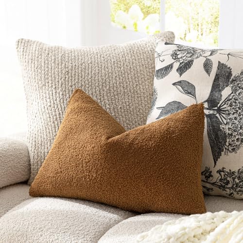 Image of Foindtower Pack of 2, Curly Faux Fur Lumbar Decorative Throw Pillow Covers Soft Fuzzy Plush Cushion Case Cozy Pillowcase for Living Room Couch Bed Sofa Home Decor 12 x 20 Inch, Bronze