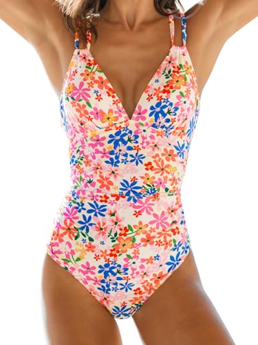 Image of CUPSHE Women's V Neck One Piece Cutout Tummy Control Swimsuit | Double Adjustable Straps,Back Cutout,O Ring,Soft Removable Cups,Flattering Bathing Suit For Vacation And Beach
