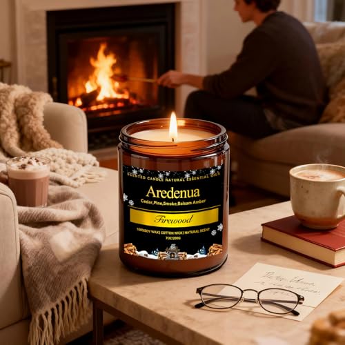 Image of Firewood Scented Candle | Smoky Wood Scent 7oz Soy Candles for Home Cozy Scented, Holiday Aromatherapy Candles | Candle Gifts for Women Men - 50H Clean & Long Lasting Burn