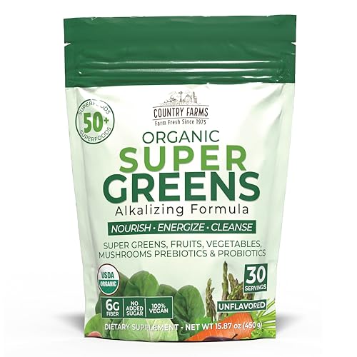 Country Farms Super Greens Natural Flavor, 50 Organic Super Foods, USDA Organic Drink Mix (Wheat Grass, Spirulina, Chlorella) Mushrooms & Probiotics, Fiber, Gut Health, Natural Energy, 30 Servings