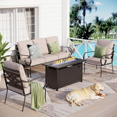 Sophia & William 4 Piece Patio Furniture Set with Fire Pit, Outdoor Conversation Sets 5 Seats Clearance with 45" Gas Fire Pit Table x 1, 3-seat Sofa x 1, Cushioned Chair x 2 for Porch Lawn, Beige