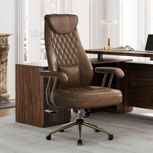 Image of Perledesign High Back Executive Office Chair with Integrated Headrest & Lumbar Support - Ergonomic PU Leather Desk Chair, Adjustable Swivel Computer Chair with Recline Function for Home Office, Brown