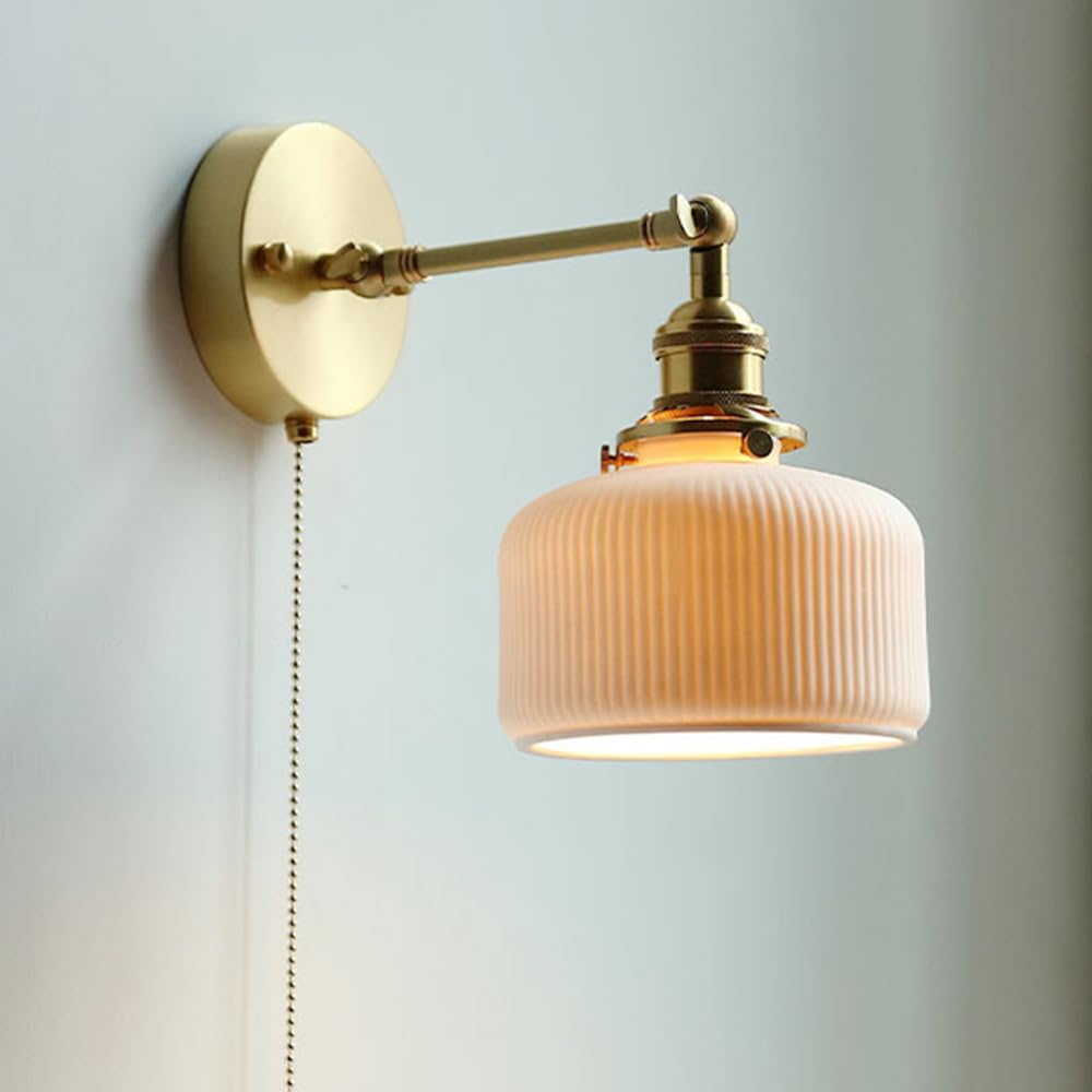 SMCCYYSD Wall Lamps for Bedroom,White Ceramic Brass Sconce with Pull Cord Adjustable Mount Reading Light Hardwired Sconces Lighting Living Room Lights Bedsides