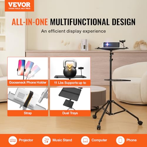 VEVOR Projektorständer mit Rädern Laptopständer-Stativ, höhenverstellbar von 795 bis 1710 mm, Projektor-Stativständer mit 2 Ablagen & Schwanenhals-Telefonhalterung, im Freien/Büro/Studio, zu Hause