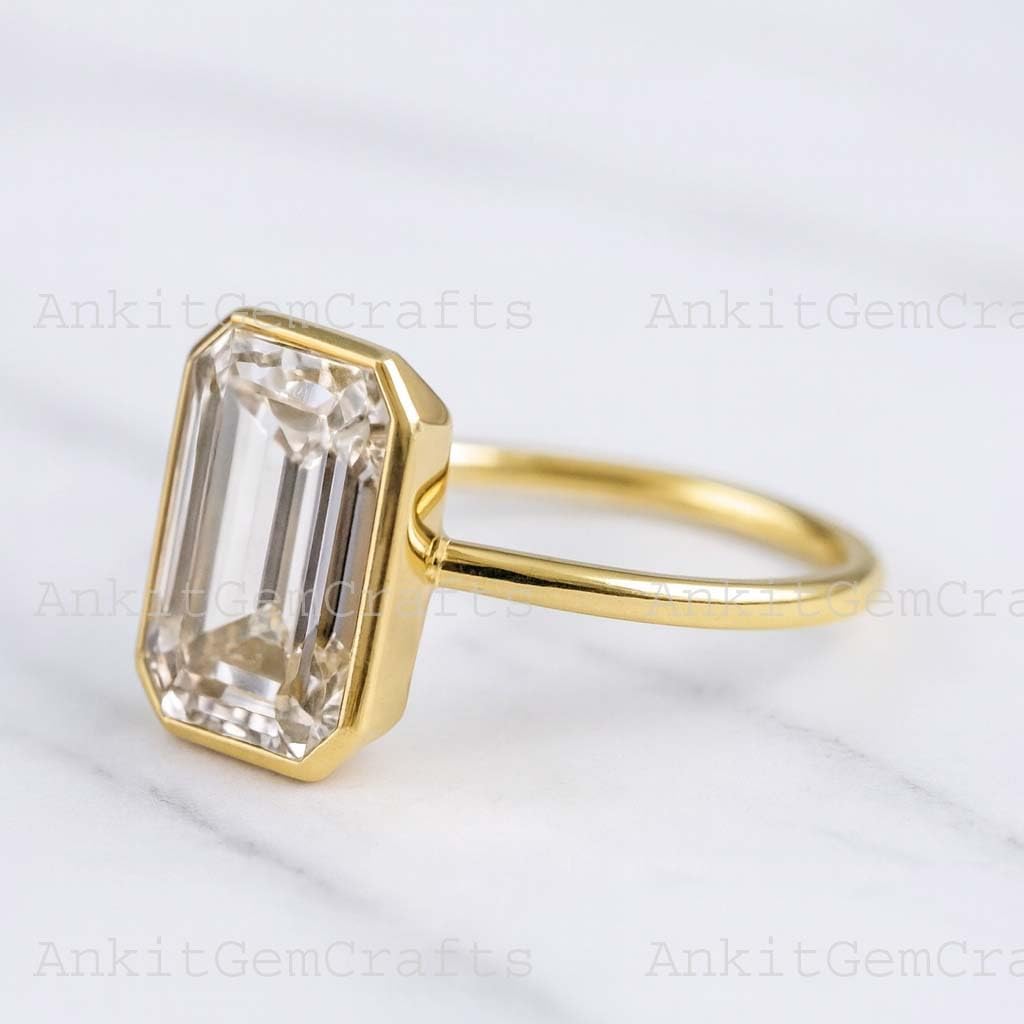 3 Carat Emerald Cut Moissanite Engagement Ring Solitaire Bezel Set in 14K Yellow Gold Handmade Wedding Band Anniversary Jewelry Gift for Wife