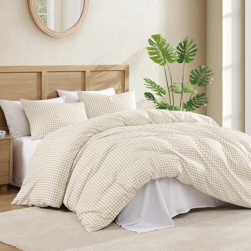 Image of Andency Gingham Duvet Cover Queen Size, Cream Beige Checkered Plaid Bedding Set, 3 Pieces Soft Prewashed Polyester Comforter Cover with Zipper Closure & Corner Ties