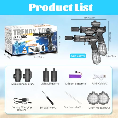 Audasi 2Pcs Electric Water Guns, Automatic Water Gun Pistols Long Range Motorized Water Gun with Multifunctional Lighting Effects Rechargeable Water Blaster for Summer Pool Beach Party