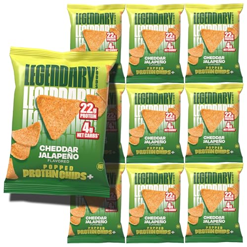 Legendary Foods Cheddar Jalapeño Protein Chips – Popped Tortilla Style – 22g High Protein, 4g Net Carbs, Low Sugar, Gluten Free, Keto Snack Packs – 10 Count – Healthy Crunchy Chips