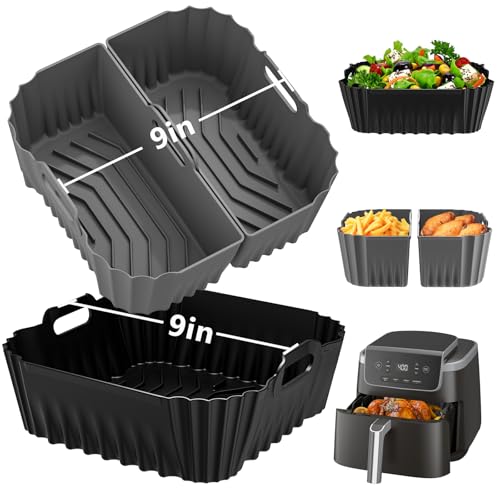 Image of 9-Inch Air Fryer Silicone Liners Square for Ninja Air Fryer AF141 AF142 AF181 5-6.5QT, 3 Pack Reusable Silicone Pot Baking Accessories for Cosori 6QT, Instant, Chefman 5QT to 8QT AirFryer