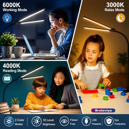 Image of BROLAVIYA Overhead LED 2 Head Dimmable Desk Aluminium Frame Lamp Extra-Long Height Light with Multi-Angle Rotation,3 Lighting Modes for Home, Office, Desktop,Bedroom, Reading,etc