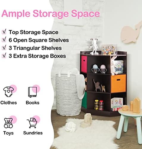 Costzon 9-Cubby Kids Bookcase with Large Storage Bins, Children's Corner Cabinet with 6 Cubes and 3 Shelves, Wooden Toy Organizers and Storage Book Shelves for Playroom Kids Room Nursery (Espresso) 4 51OYfeXlETL. AC
