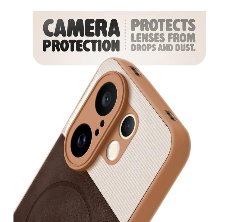 Image of Bintage CASE Mac Safe Design Hard Light Weight Back Case | Soft Border Camera Protect | Dual PU Leather Finish Back Cover Compatible for Vivo V60e 5G - White & Cherry Brown