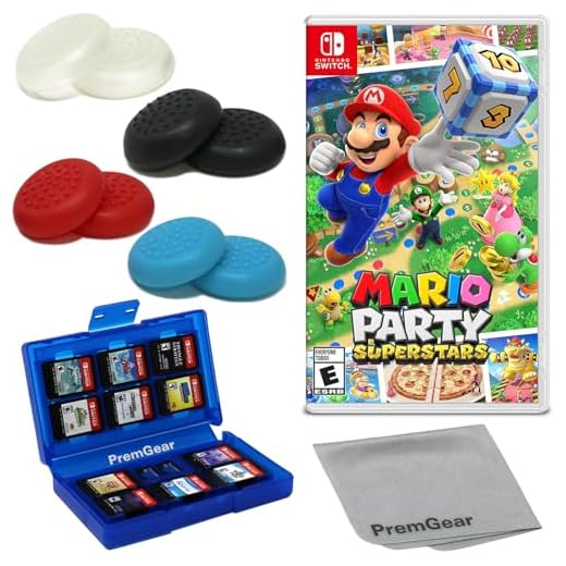 Mario Party Superstars for Nintendo Switch (US Version), with PremGear Thumb Grips (8 pack - Black, Blue, Red & Clear), 24 Slot Game Card Holder & Cleaning Cloth