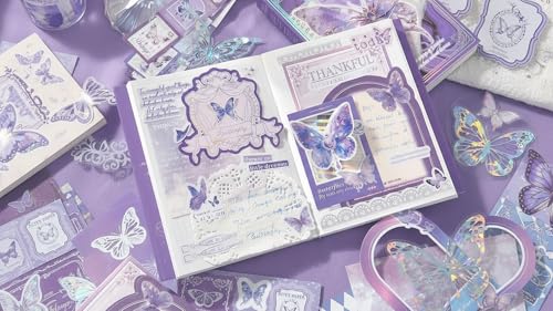 Image of ATIRAMANIYA 346Pcs Paper Vintage Aesthetic Scrapbook Kit Scrapbooking Supplies Kit with Junk Journal, Stationery, Washi Stickers A6-Grid Notebook Journaling Gift for Girl (Purple Butterfly)