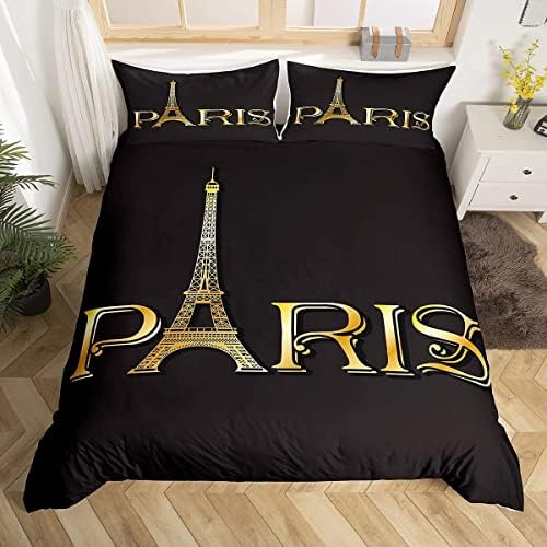 Paris Bedding Set Queen Size Kids Eiffel Tower Bedding Set Black and Gold Paris Comforter Cover for Boys Girls Teens Bedroom Decor, Romantic French Theme Bed Set with 2 Pillow Cases
