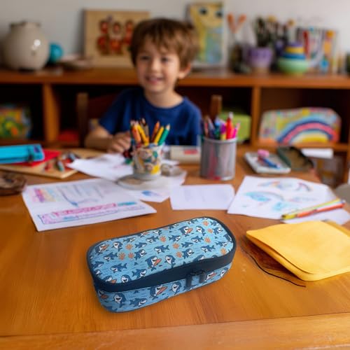 Image of Shark Pencil Case for Boys, Cute Pencil Case with Zipper, Blue Pencil Holder with Compartments, Gift Idea for Shark Lovers