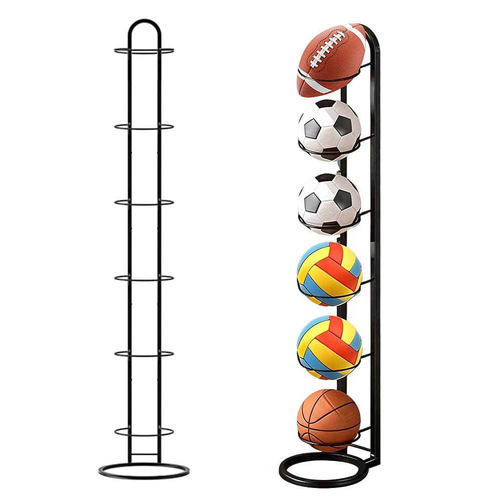 Estante de Almacenamiento de Pelotas, 6 Niveles Soporte de Exhibición Vertical, Soporte para Bolas de Futebol Baloncesto, Negro Soporte Vertical para Pelotas de Futbol Voleibol Deportivas