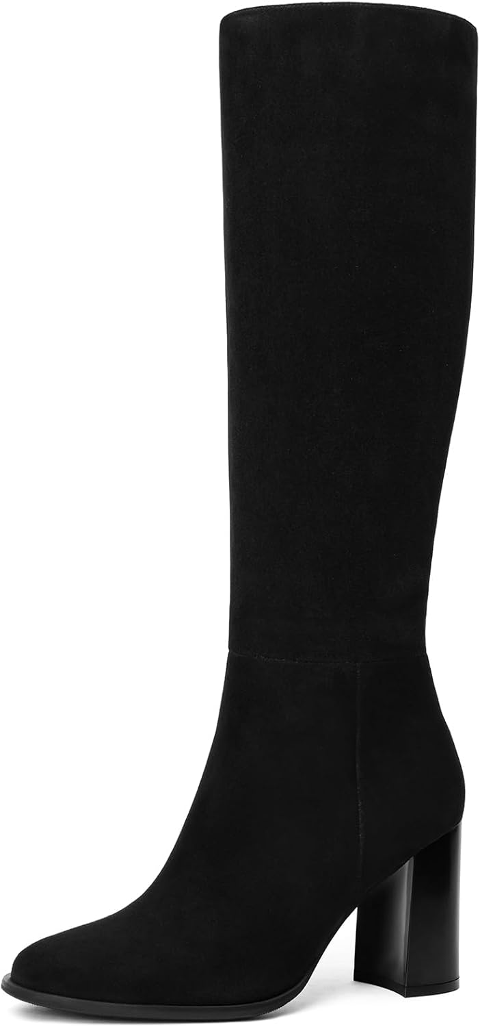 Lumeheel Women Knee High Boots Round Toe Chunky Heel Boots Gogo Boots with Side Zip Fashion Tall Boots for Women