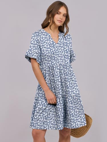 Image of ANRABESS Women's Summer Casual Dress, V-Neck Ruffle Sleeve Tiered Mini Dress, Soft Comfy Fabric with Pockets for All-Day Wear