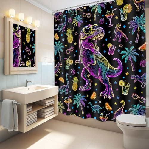 Image of Neon Dinosaur Shower Curtain Bathroom Set 60Wx71H Inches Cool Kids Boys Cartoon Summer Hawaii Funny Dino Colorful Plam Tree Bath Accessories Interesting Art Home Decor Fabric 12 Pack Hooks