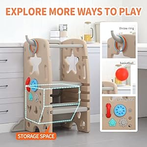 UNICOO Multifunctional Kids Step Stool with Double Safety Rails Height Adjustable Toddler Tower for Kitchen Countertop and Bathroom with Big Drawing Board Games OMLT Light Brown