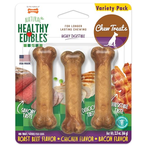 Image of Nylabone Healthy Edibles Dog Treats Variety Pack, X-Small, 3 Count | Roast beef, chicken, & bacon flavor, natural dog chews, USA made, long lasting chews for small dogs up to 15 lbs