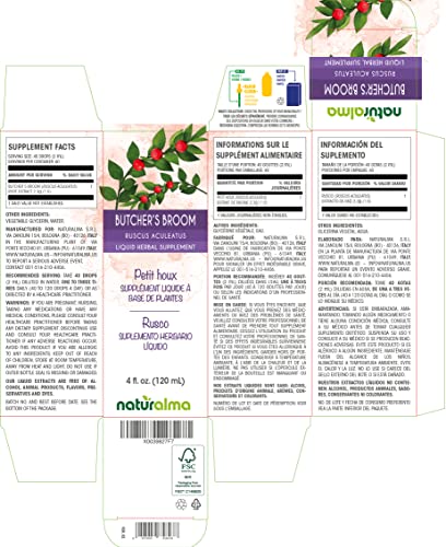 Naturalma Butcher's Broom (Ruscus Aculeatus) Root Alcohol-Free Tincture 4 Fl Oz Liquid Extract In Drops | Herbal Supplement | Vegan | Product Of Italy #TOP1