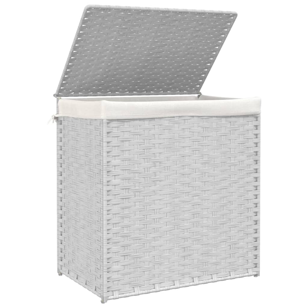 Mangloder - Cesto para la colada con 2 compartimentos, color blanco, 53 x 35 x 57 cm, polirratán, con tapa, asa y bolsa interior extraíble, plegable, para cuarto de baño, lavandería, ahorro de espacio