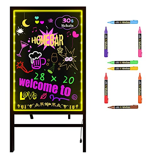 Woodsam Standing LED Board Sign - First Illuminated Easel with Neon Chalk Marker - Rustic Steel Vintage Decor for School, Wedding, Bar, Restaurant, Kitchen, and Home