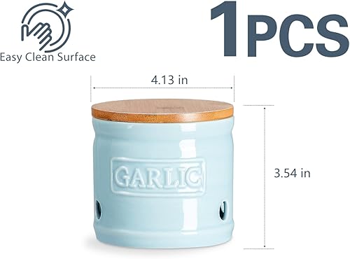 Miniatura 6 de ONEMORE Garlic Keeper con tapa, protector de ajo de cerámica de 4 pulgadas, azul claro