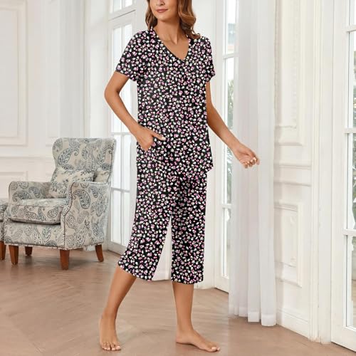 Image of Bestbee Women's Pajama Sets 2 Piece Lounge Outfits Summer Sleepwear V Neck Short Sleeve Capri Pant With Pockets Ladies Pjs