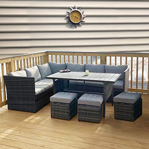 Lovinouse 7 Piece Patio Furniture Sets, Outdoor Conversation Set, All Weather Wicker Sectional Sofa Couch, with Dining Table and Ottoman, Cushions, Red Pillows, for Backyard Garden (Gray) - Thumbnail 7