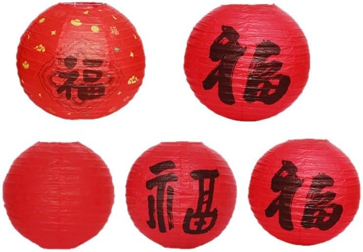 Red Chinese Paper Lanterns with Fu Character, Spring Festival Decoration Hanging Ornaments, 12 Pack