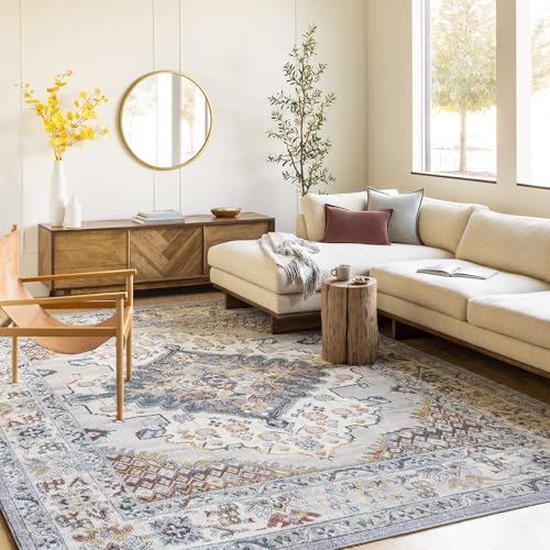 Surya Casablanca Vintage Teppich groß - Teppich Wohnzimmer 200x274 cm, Esszimmer, Schlafzimmer - Orientalischer Teppich Boho Style - Carpet Living Room, Bunter Muster, Taupe, Blau und Grau