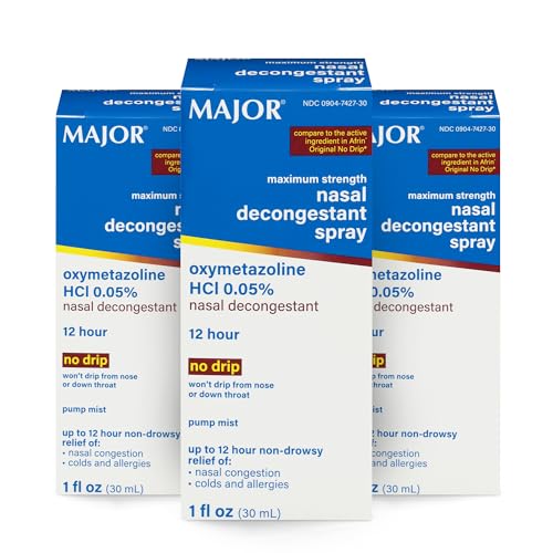 MAJOR Maximum Strength Nasal Decongestant Spray, Oxymetazoline HCl 0.05% Pump Mist, Non-Drowsy Nasal Spray, up to 12-Hour Relief from Nasal Congestion, Colds, and Allergies 1 Fl. Oz. (3-Pack)