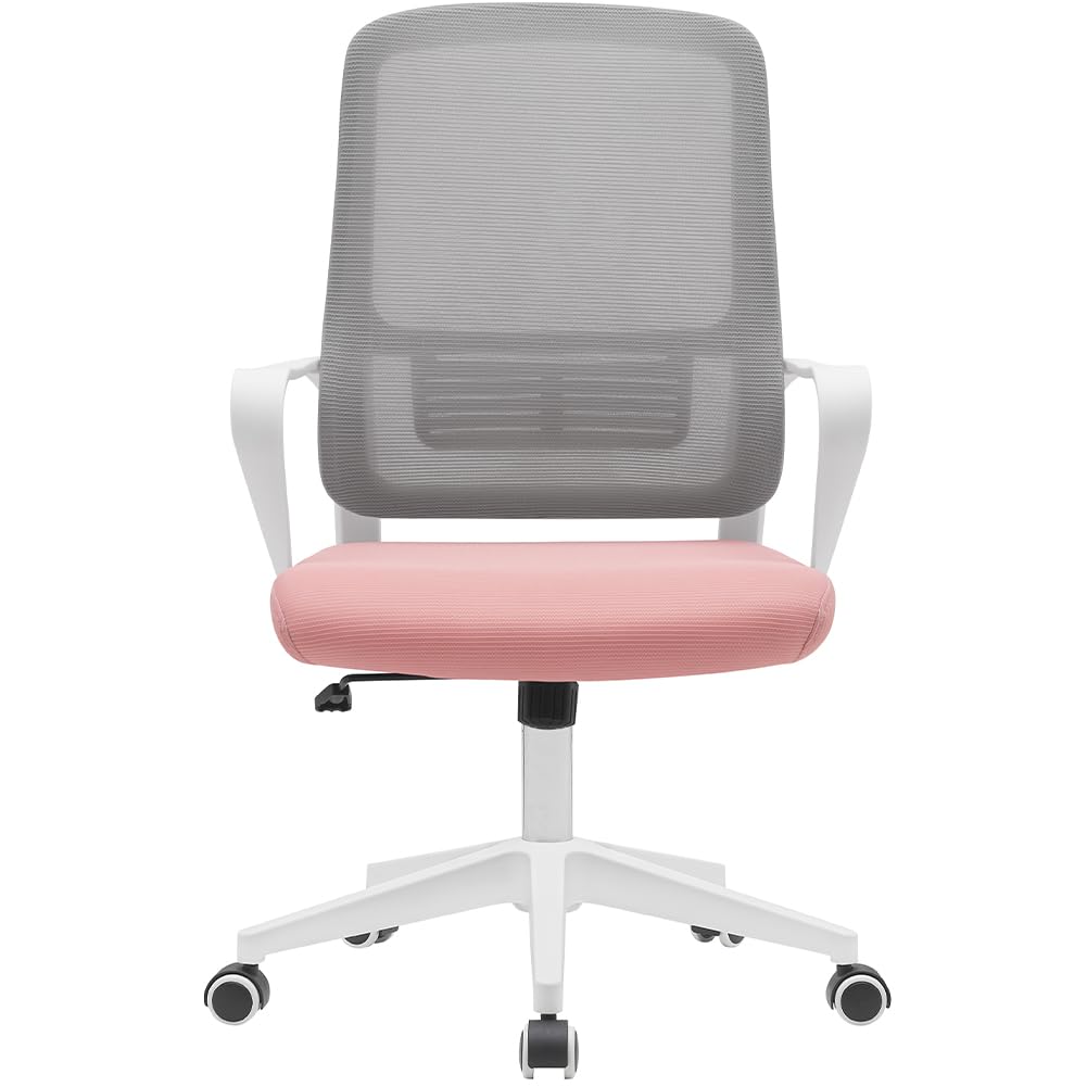BAKAJI Silla de Escritorio ergonómica con Ruedas giratorias antiarañazos, Respaldo de Tela Transpirable y Soporte Lumbar, sillón de Estudio u Oficina, Ajuste de la Altura del Gas 98-108 cm (Rosa y