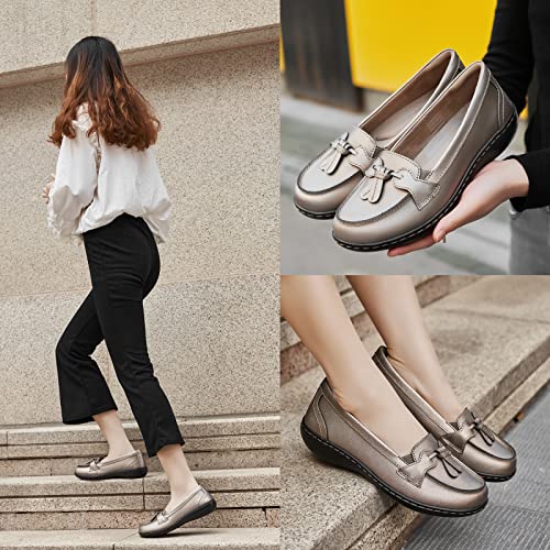 Artisure Women's Classic Metallic Champagne Genuine Leather Penny Loafers Fashion Tassel Boat Shoes Comfort Driving Moccasins Casual Slip On Walking Flats 6 M Us 1003-Xbj060 #TOP6