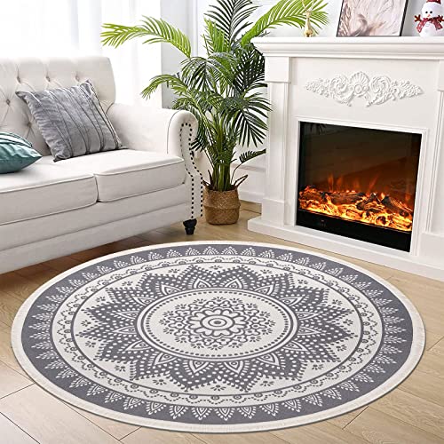 SHACOS Mandala Teppich Rund Grau Groß 160 cm Boho Teppich Waschbar Rund Baumwollteppich Flachgewebe...