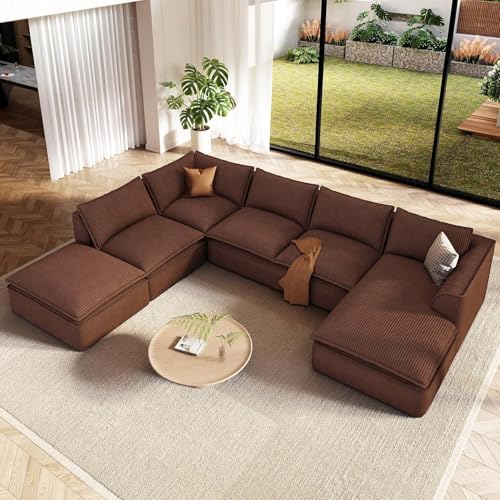 Image of Vesgantti 141.7 inch Oversized Modular Sectional Sofa, Modern 7 Seater Boneless Couch with Chaise and Ottoman, Deep Seat Plush Corduroy Cloud Style for Living Room, No Assembly Required,Brown