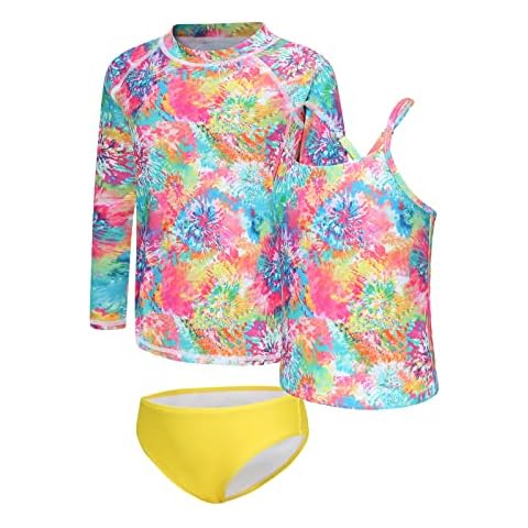 Girls 3 Piece Swimsuits Set Long Sleeve Rash Guard Tankini Bathing Suits for Girls Beach Swimwear Set Blossom Tie Dye Yellow Size 8/7-8 Years Cover